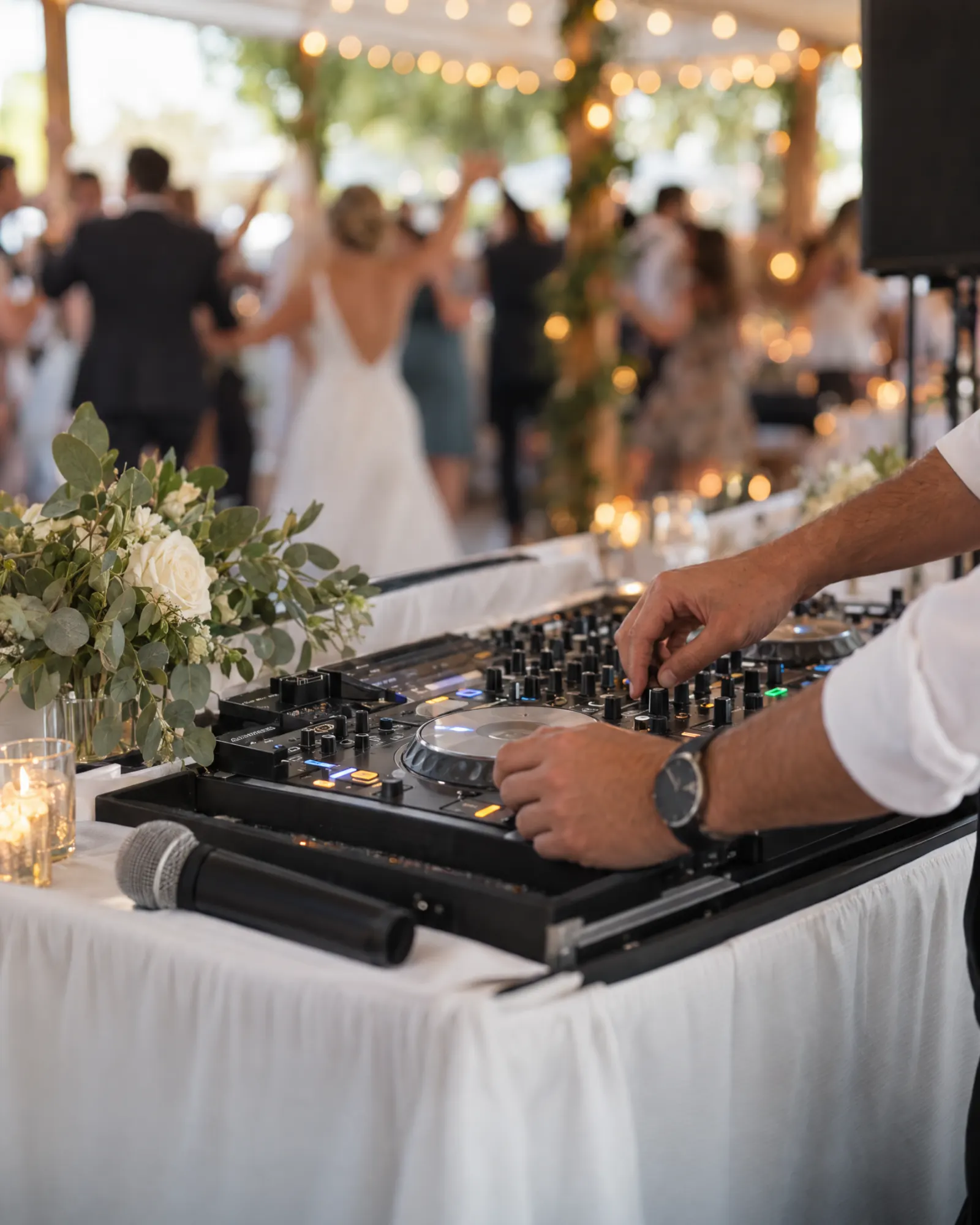 DJ-Pult mit Blumen und Funkmikrofon auf einer Hochzeit