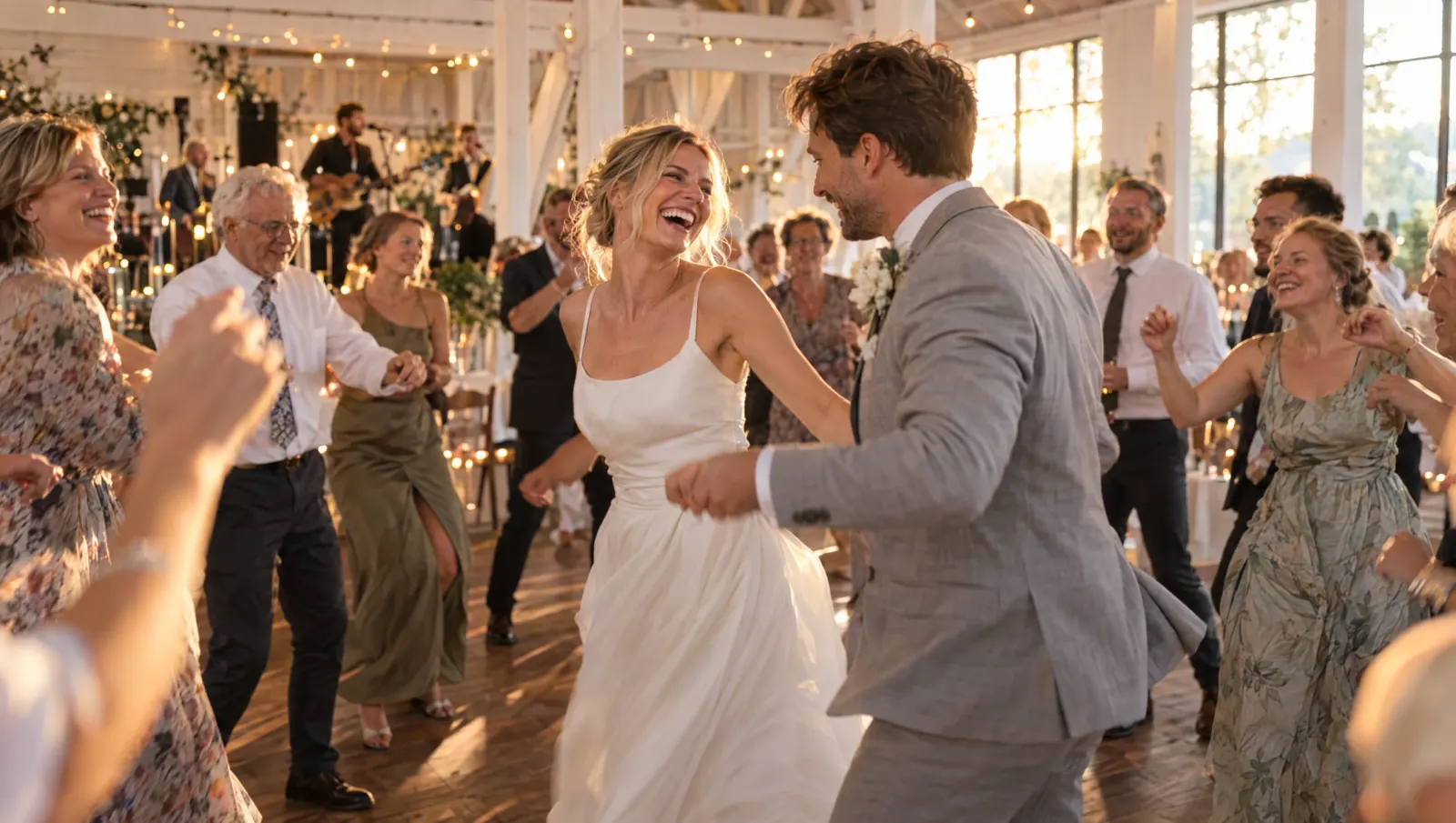 Brautpaar tanzt mit den Gästen auf einer Scheunenhochzeit bei Hamburg