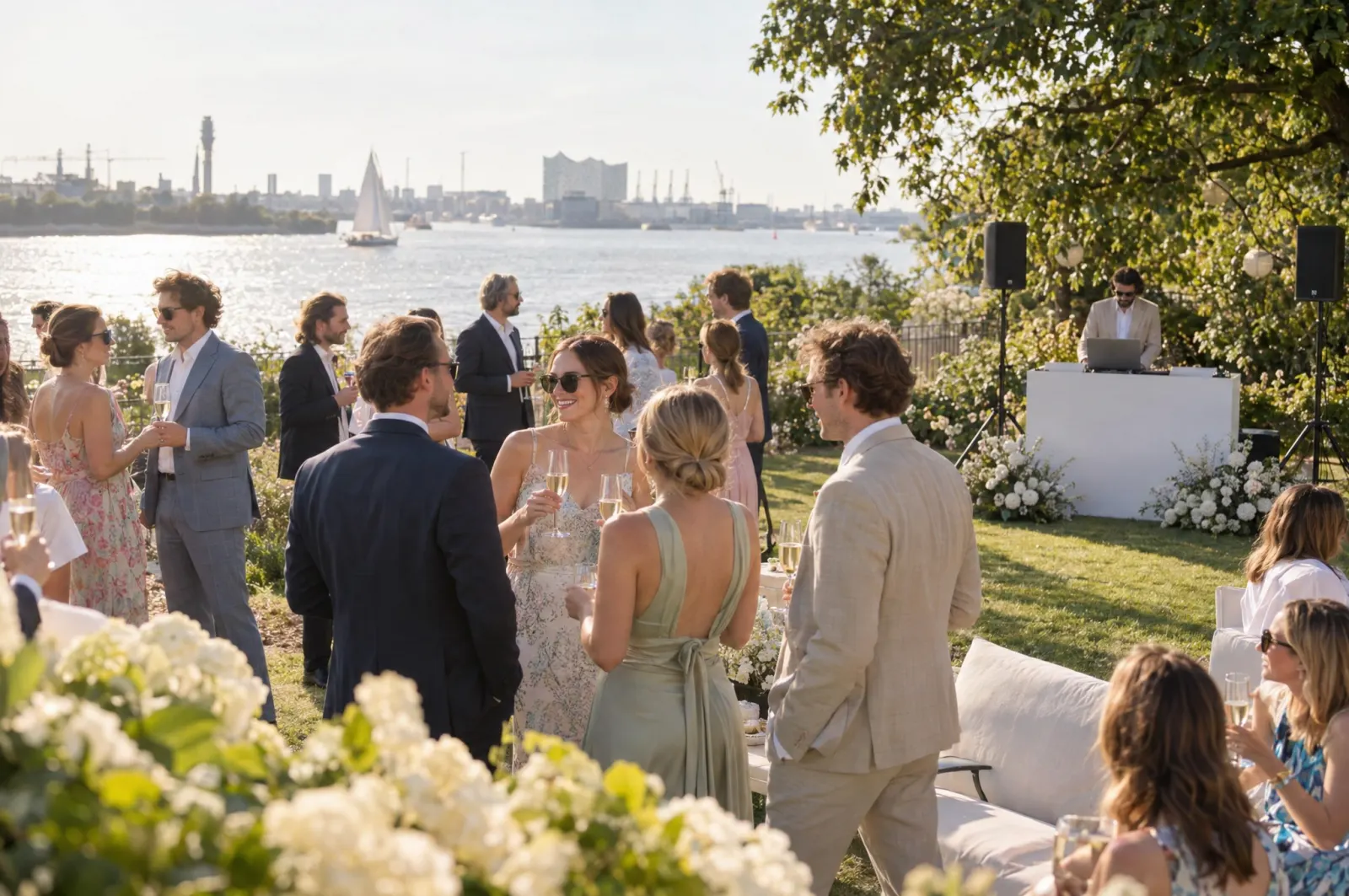 Sektempfang einer Gartenhochzeit an der Elbe mit kleinem DJ-Setup